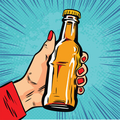 Glass bottle with drink in female hand. Fast food vector illustration in pop art retro comic style
