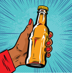 Glass bottle with drink in african american female hand. Fast food vector illustration in pop art retro comic style