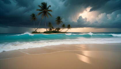 Fototapeta premium A tropical beach with palm trees, clear blue sky, and calm turquoise waters lapping at the golden sand