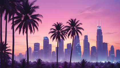 A tropical city skyline at sunset, with palm trees in the foreground and tall skyscrapers in the background. The sky is a vibrant mix of pink, purple.