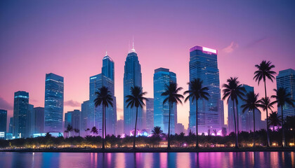 A tropical city skyline at sunset, with palm trees in the foreground and tall skyscrapers in the background. The sky is a vibrant mix of pink, purple.