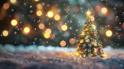Christmas banner with a decorated tree in soft evening snow. White snow sparkles. Bokeh and blur.