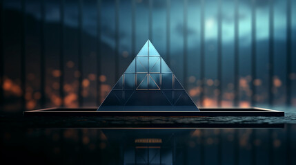 A pyramid is shown on a table with a reflection of it in the water