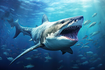Naklejka premium generated illustration of great white shark under water with teeth