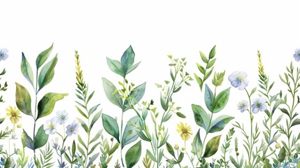 watercolor botanical illustration with garden herbs seamless border pattern floral design