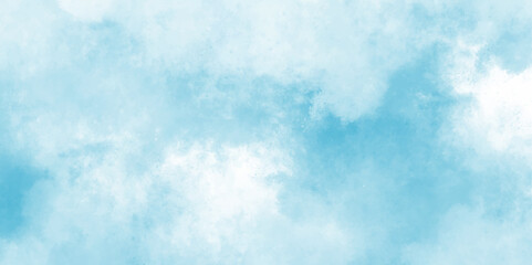 Abstract watercolor painted sky with white fluffy clouds on a blurry blue sky for design. Smoke mist or smog background of smoke vape texture overlays. smoke flora vintage natural live surface.