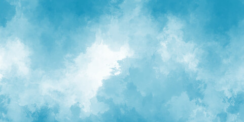 Abstract watercolor painted sky with white fluffy clouds on a blurry blue sky for design. Smoke mist or smog background of smoke vape texture overlays. smoke flora vintage natural live surface.