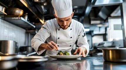 Man in White Chef's Uniform: A man in a white chef's uniform, preparing a dish in a professional kitchen.
