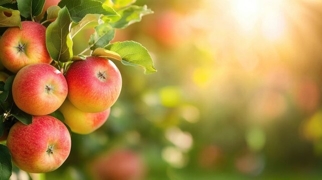 Ripe Red Apples Hanging on Branch in Orchard, Sun Shining Through Leaves - Fresh Fruit, Organic, 