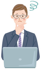 困っている会社員のイラスト　ビジネスマン　パソコンを使う