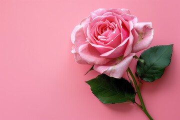 A pink rose is the main focus of the image, with its stem and leaf visible, generative ai image