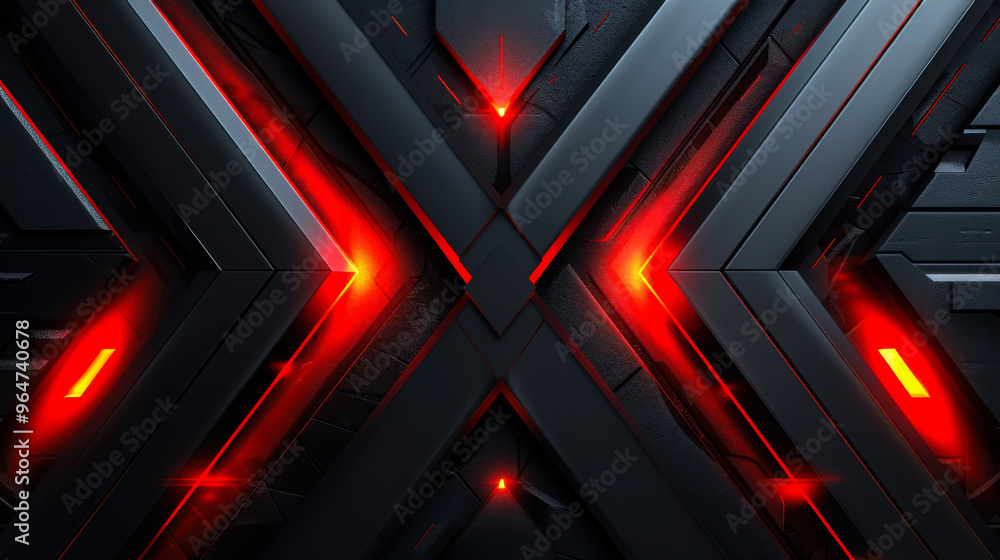 Poster black-red background with bright neon arrows with geometric shapes. abstract background with snowsto