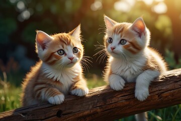 Obraz premium Adorable Ginger Kittens Resting on a Wooden Log in Sunlight
