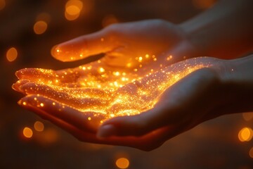 Close-up of two hands cupped together, holding glowing golden glitter, with blurred orange lights in the background.