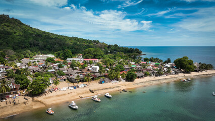 Aerial view of Nosy Komba Island in Madagascar showcasing coastal landscape and vibrant local life