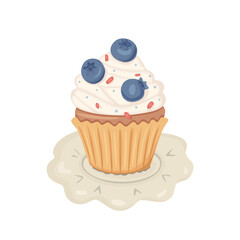 Cartoon cupcake with cream and blueberries. Cute simple vector illustration isolated on white background