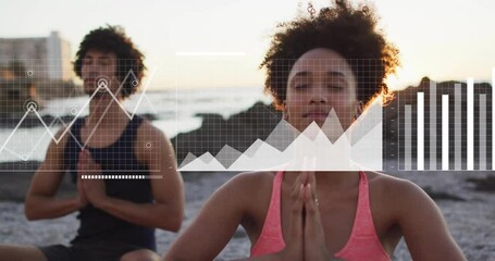 Animation of digital data processing over diverse people practicing yoga on beach - Powered by Adobe