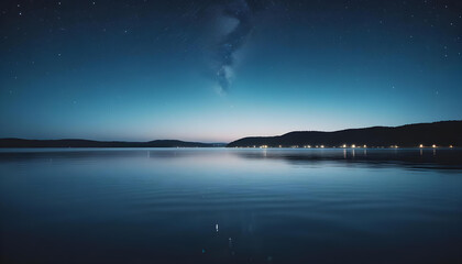 Rippling water surface with sparkling lights and reflections, against a dark night sky with stars