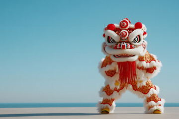 Naklejka premium Chinese Lion Dance on High Bamboo During the Chinese New Year | Traditional Festive Performance and Cultural Celebration