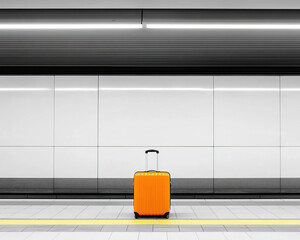 A bright yellow suitcase stands alone on a subway platform against a minimalist backdrop. Ideal for travel and adventure themes.