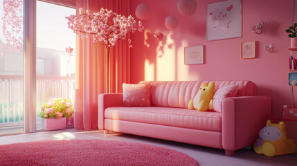 A computer-generated picture showing a pink room for kids with a couch.