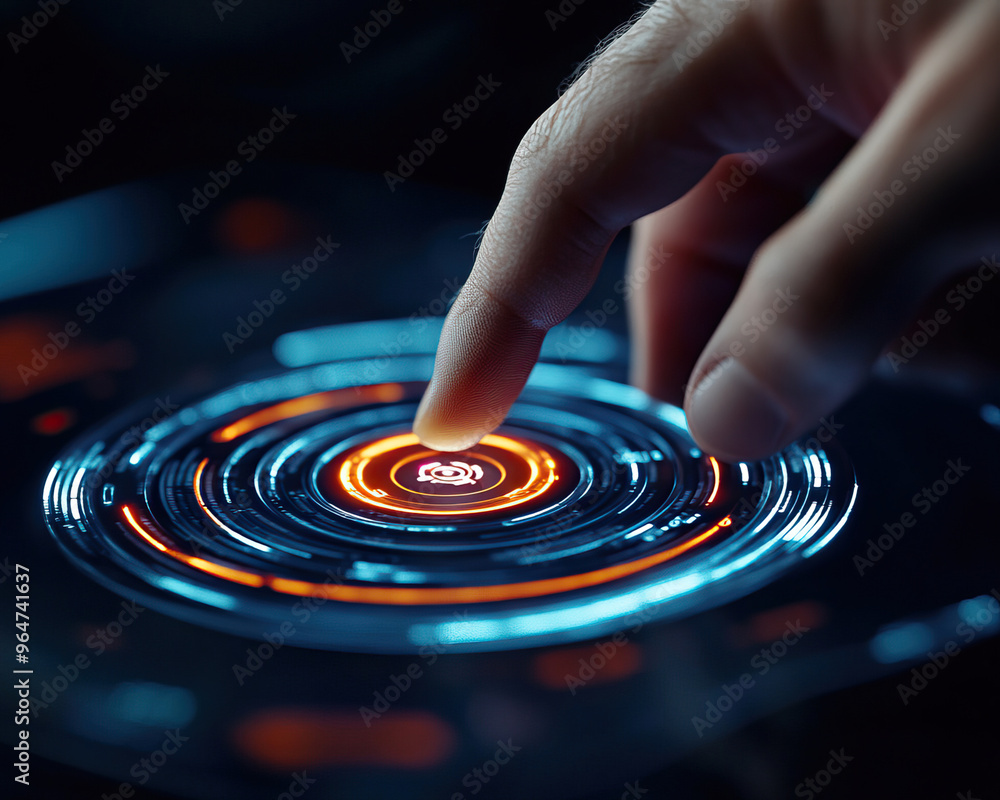 Poster a close-up of a hand interacting with a futuristic touchscreen interface, showcasing glowing pattern