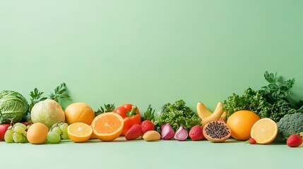 A light green background with a tilted view shows fresh fruits and vegetables scattered on a countertop. There's an empty area perfect for showcasing a product.