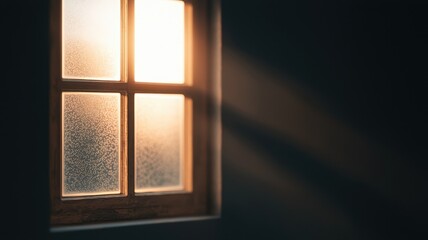 A serene window scene with soft sunlight filtering through frosted glass, creating a warm and cozy atmosphere.