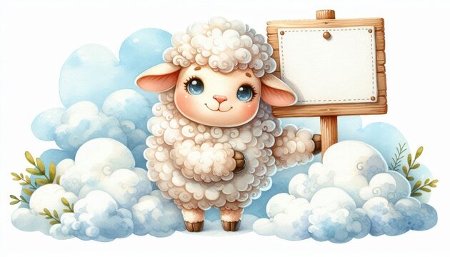 recommend clip art: A charming watercolor illustration of a cute sheep holding a blank sign, surrounded by fluffy clouds. The sheep is depicted with big, blue eyes and a sweet smile, symbolizing innocence, purity, and ge