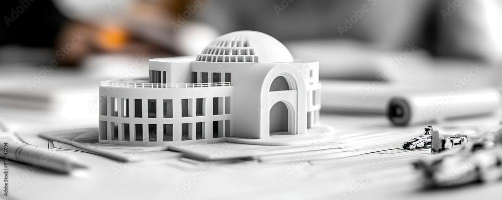 Poster a detailed architectural model showcasing modern design elements, crafted with precision and creativ