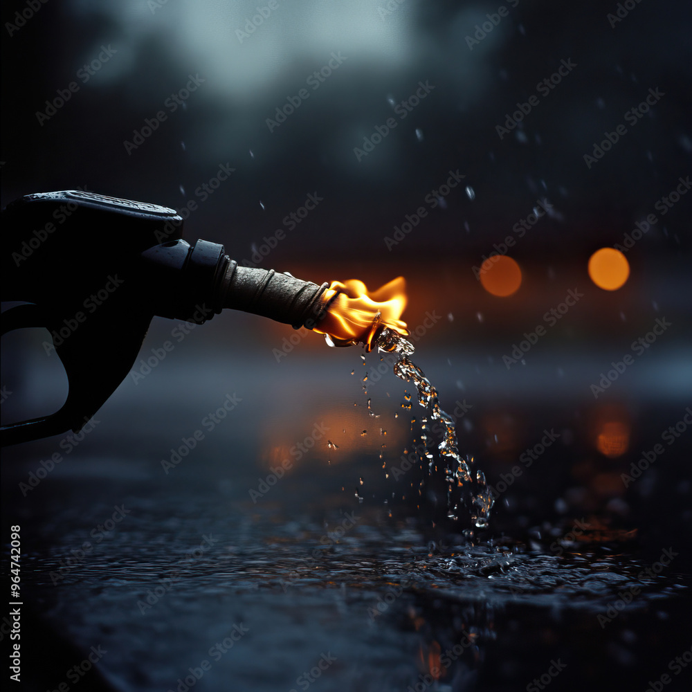 Aufkleber a dynamic image showcasing a fuel nozzle igniting with flames while water sprays from it, creating a