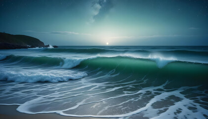 Naklejka premium Crashing ocean waves with shimmering light reflections, a serene and calming seascape