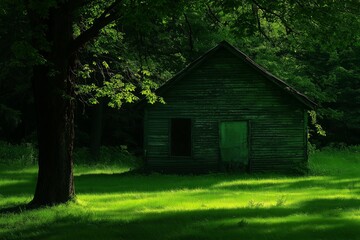 A weathered wooden cabin nestled in a forest setting, with sunlight casting soft shadows, evoking a peaceful solitude.