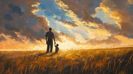 Fototapeta premium wheat field prayer father and sons spiritual bonding at golden hour oil painting