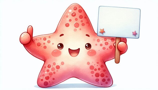A joyful starfish with a big smile holds a blank sign, perfect for adding your own message. The watercolor style adds a whimsical touch. This illustration symbolizes happiness, positivity, and the bea