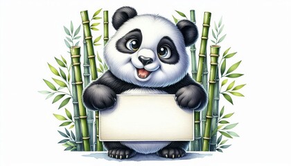 A cheerful panda bear with big eyes holds a blank sign in front of a bamboo forest. This watercolor illustration is perfect for adding a touch of cuteness and nature to your designs.
