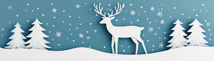 A serene paper cut winter scene featuring a white reindeer amidst snow-covered trees and falling snowflakes against a soft blue background.