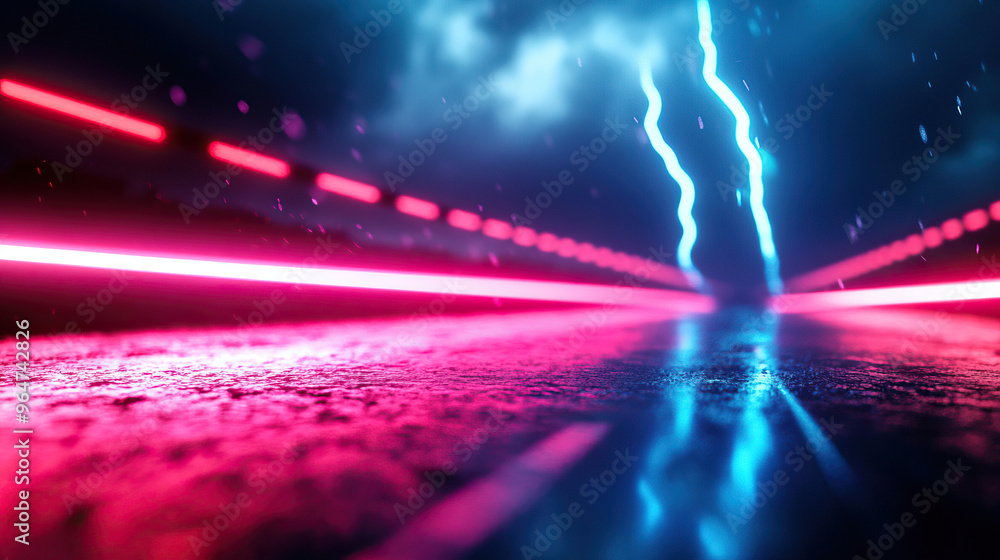 Poster a striking image of neon lights illuminating a stormy scene with lightning, creating a dramatic and 
