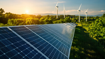 A stunning landscape showcasing solar panels and wind turbines under a vibrant sunset, symbolizing renewable energy and sustainability.