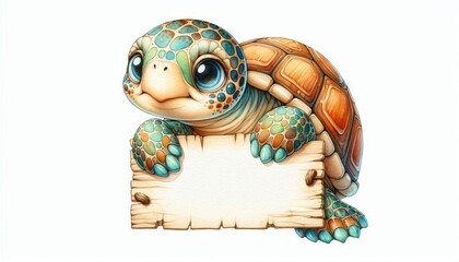 Fototapeta premium A charming watercolor illustration of a sweet turtle peeking out from its shell and holding a blank sign. The turtle's big eyes and gentle expression convey a sense of innocence and wonder. The sign p