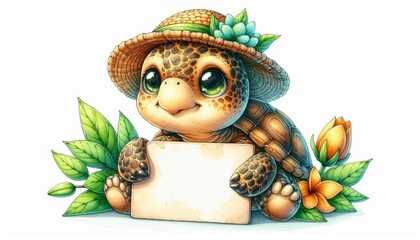 A charming watercolor illustration of a sweet turtle wearing a hat and peeking out from its shell, holding a blank sign. Perfect for adding a touch of whimsy and cuteness to your designs.