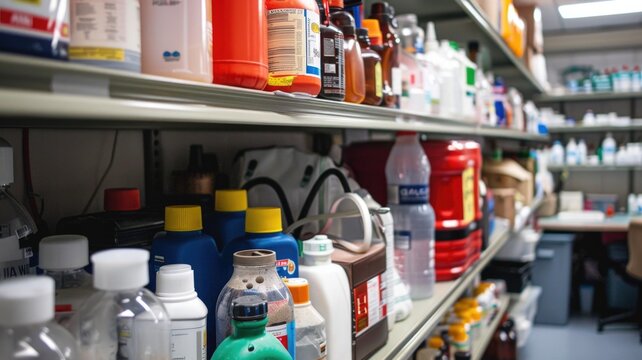 Organized Storage Shelf with Chemicals and Lab Supplies