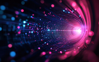 Obraz premium A vibrant tunnel of light and energy, showcasing a blend of pink and blue particles radiating forward in dynamic motion.
