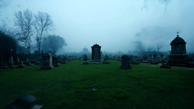 Spooky graveyard video video at night with a soft light and high speed dolly zoom. Camera creates a sense of unease and anticipation.