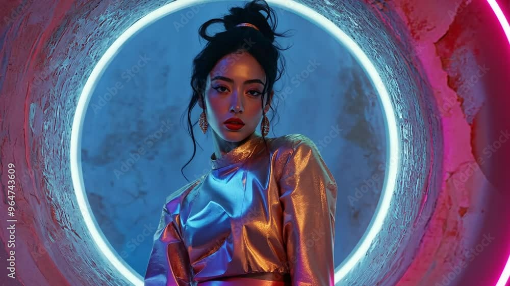 Poster stylish portrait of a model in a futuristic setting with neon lights generative ai