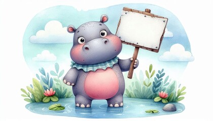 Obraz premium A whimsical watercolor illustration of a friendly hippopotamus standing in a pond. The hippo is holding a blank sign, perfect for adding your own message. This illustration is full of charm and perfec