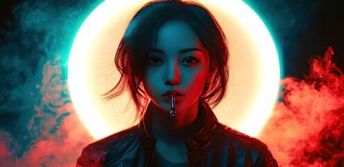 A young woman in a leather jacket stands in front of a glowing neon circle with red and blue smoke behind her. She has a serious expression and her lips are slightly parted as if she is about to 