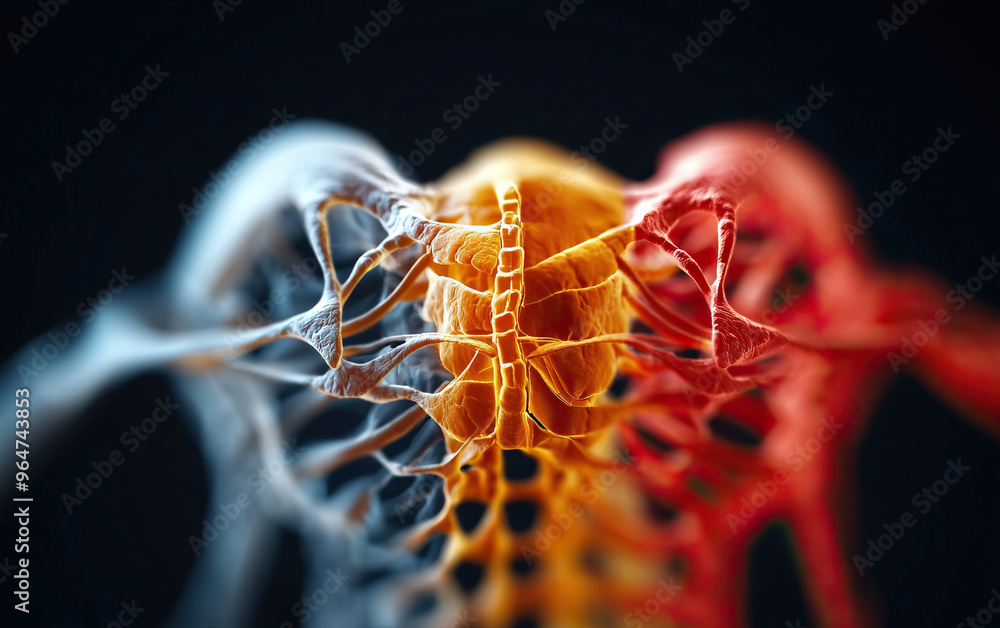 Poster close-up of a vibrant tissue, colorful abstraction showcasing intricate patterns in a blend of orang