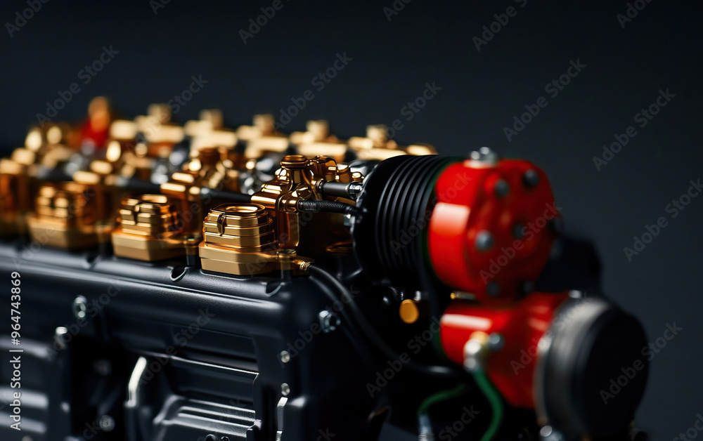 Poster close-up of a sophisticated engine component showcasing intricate detailing and vibrant colors for a