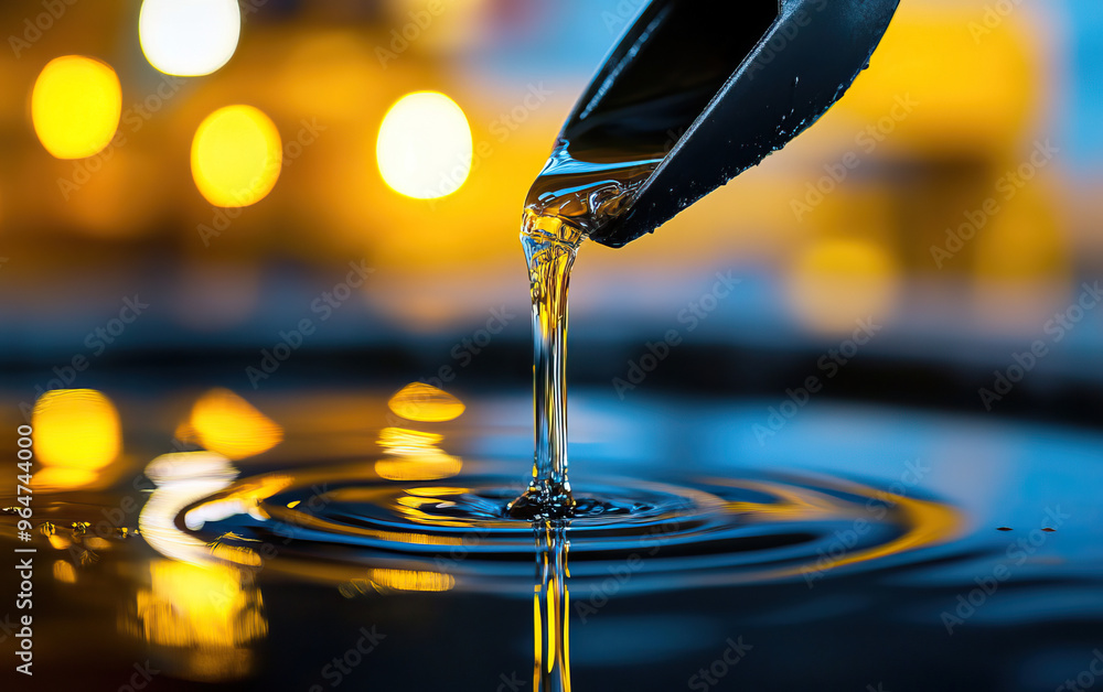 Poster close-up of liquid pouring from a container into tranquil water, creating mesmerizing ripples and re